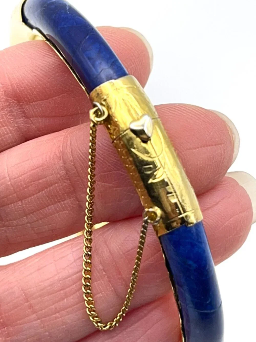 Vintage Blue Stone Gold Tone Hinged Bangle Bracelet